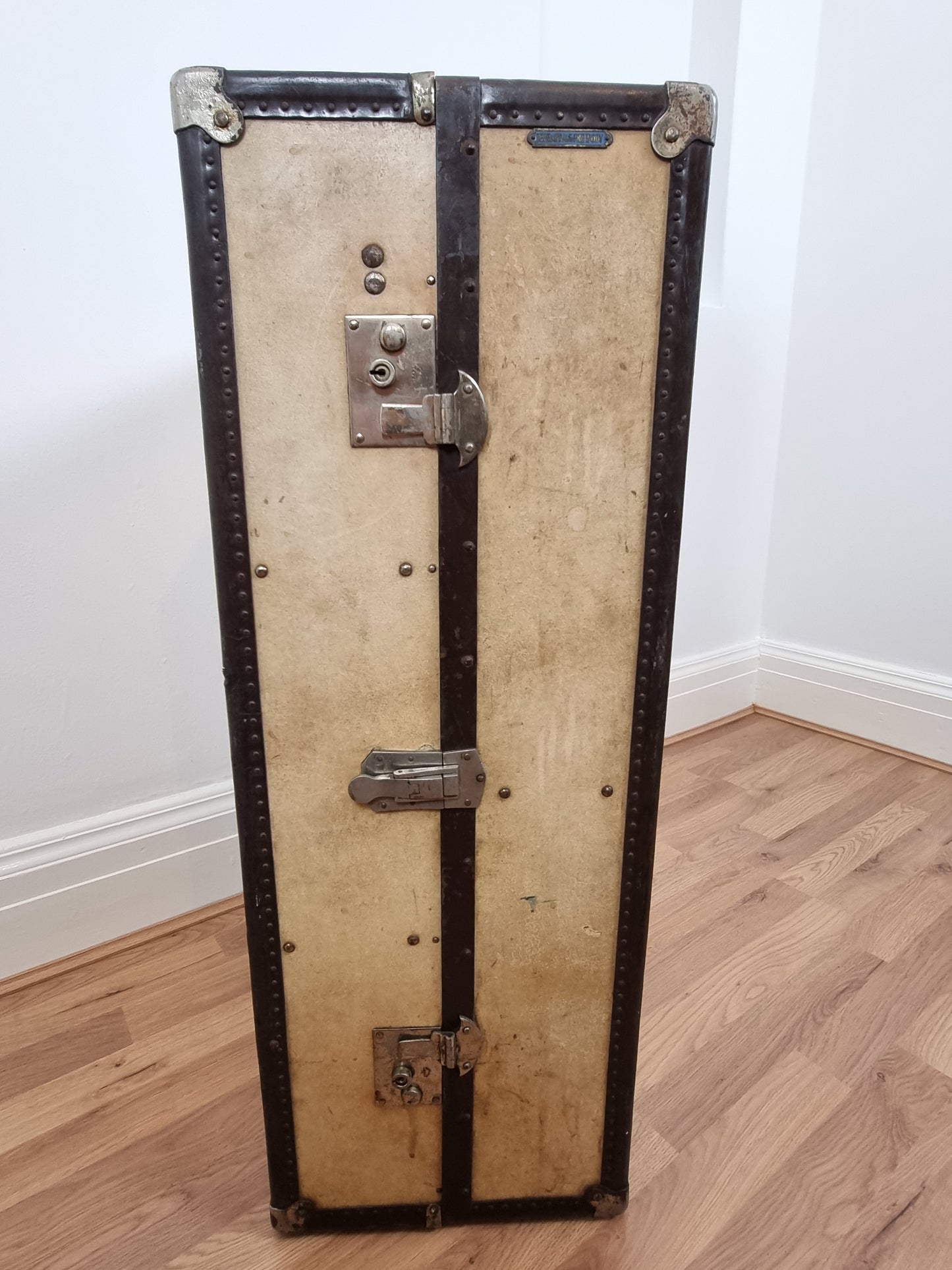 Vintage Steamer Wardrobe Trunk Early 20th Century Pressboard, Brass & Leather