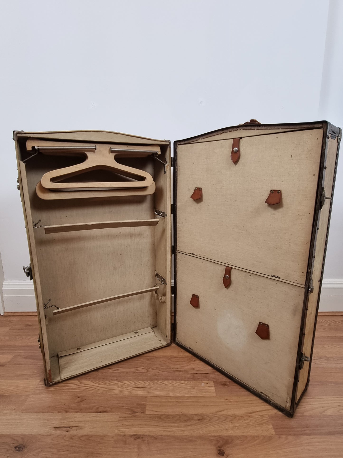 Vintage Steamer Wardrobe Trunk Early 20th Century Pressboard, Brass & Leather