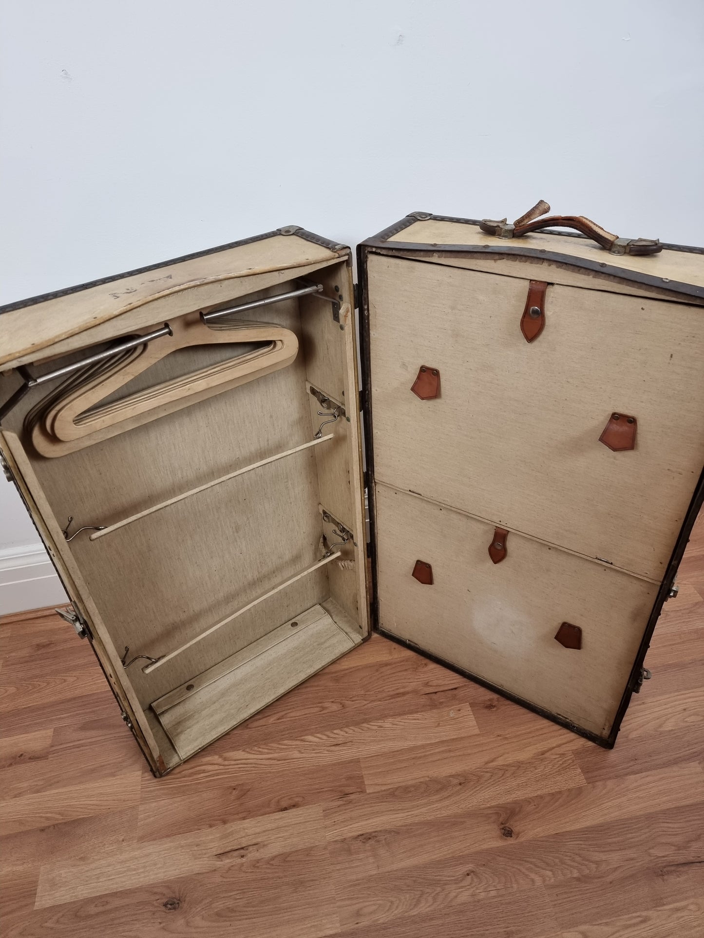 Vintage Steamer Wardrobe Trunk Early 20th Century Pressboard, Brass & Leather