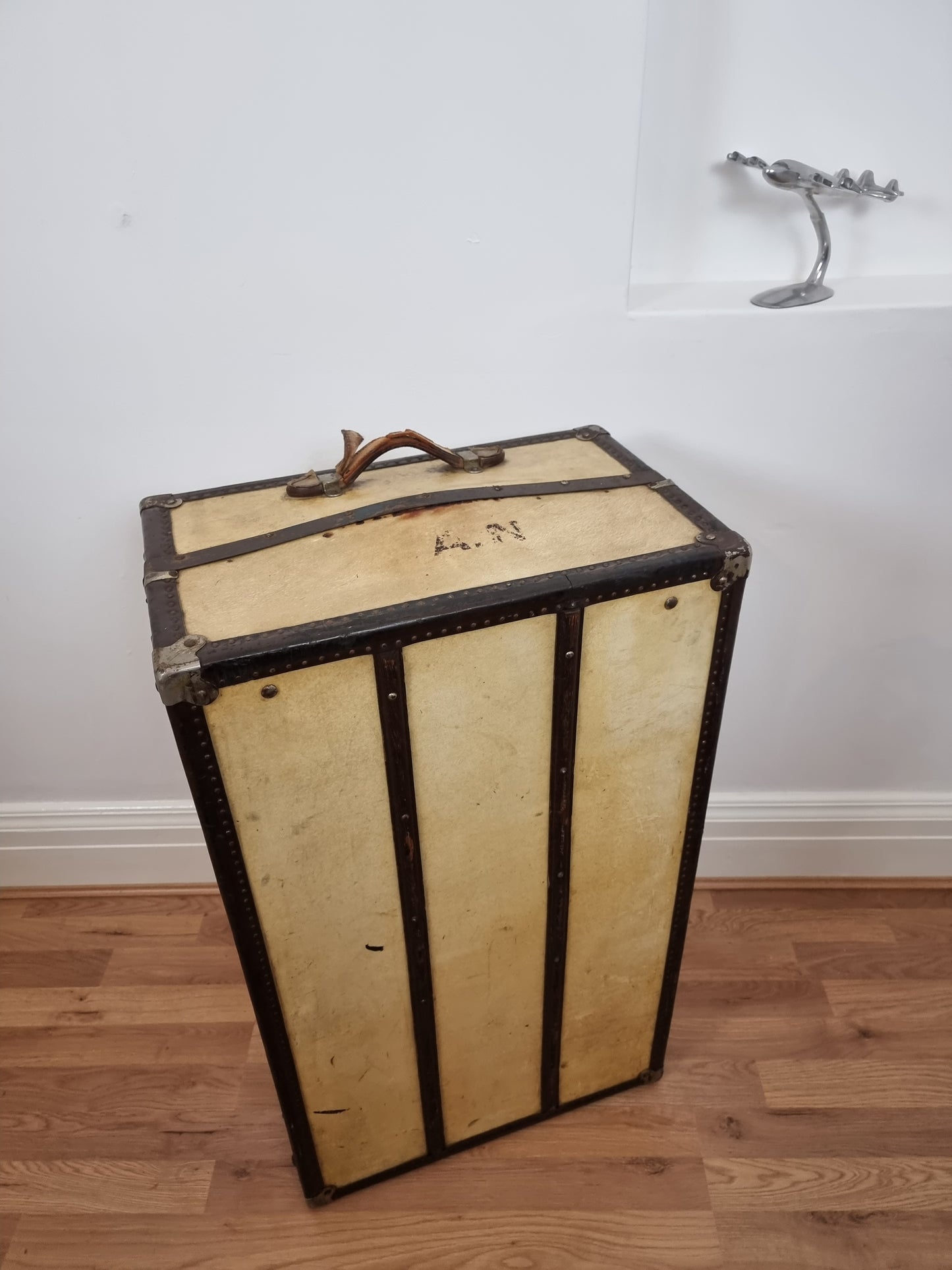 Vintage Steamer Wardrobe Trunk Early 20th Century Pressboard, Brass & Leather