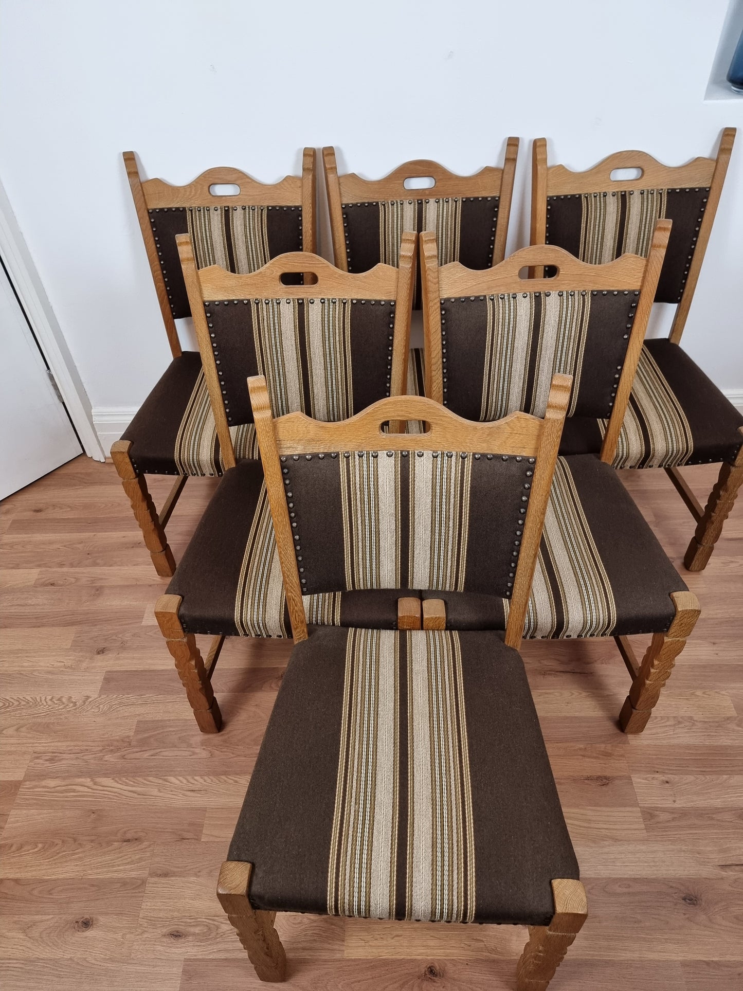 Danish Henning Kjærnulf, solid oak & wool dining chairs, original good condition