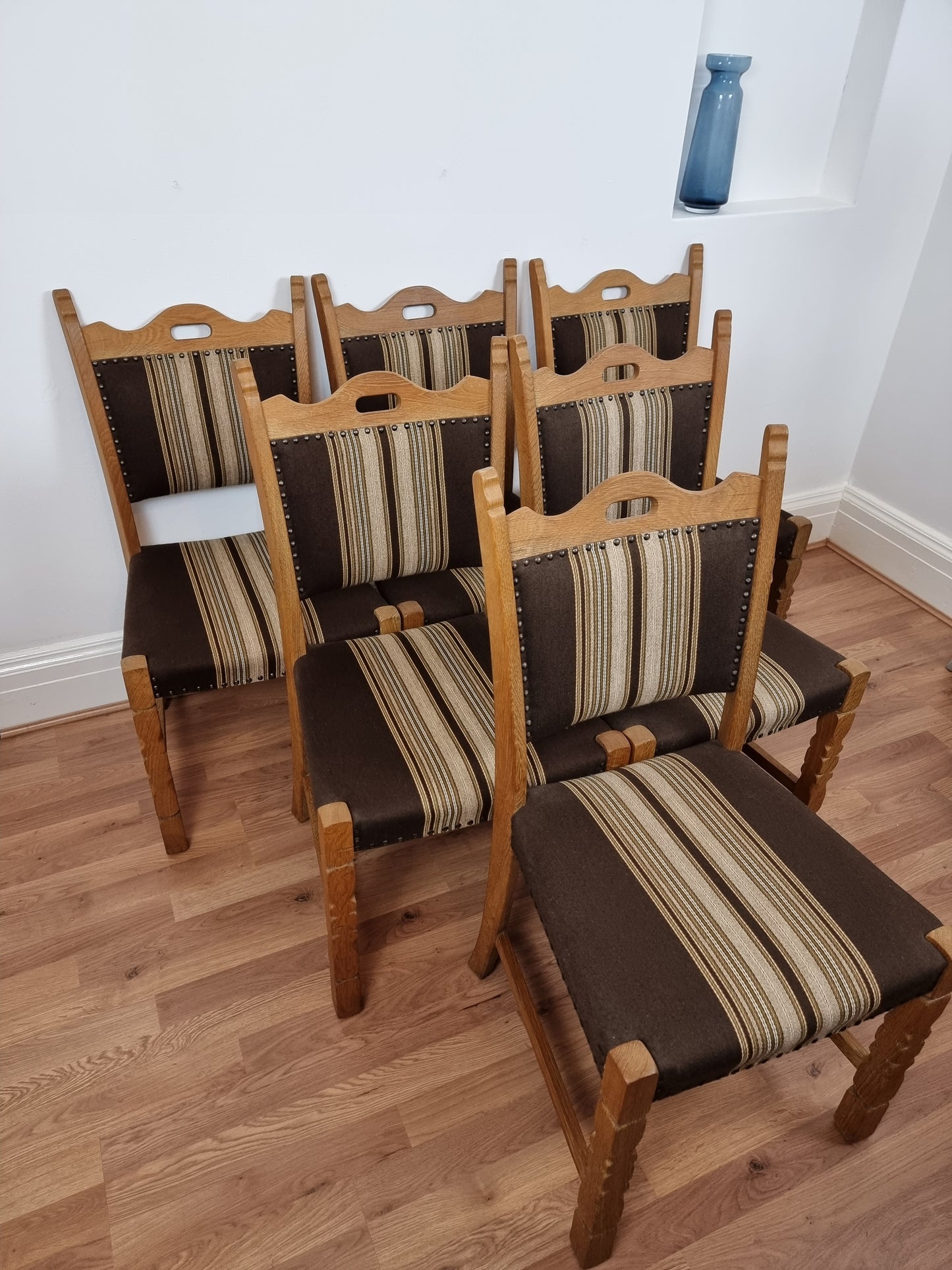 Danish Henning Kjærnulf, solid oak & wool dining chairs, original good condition