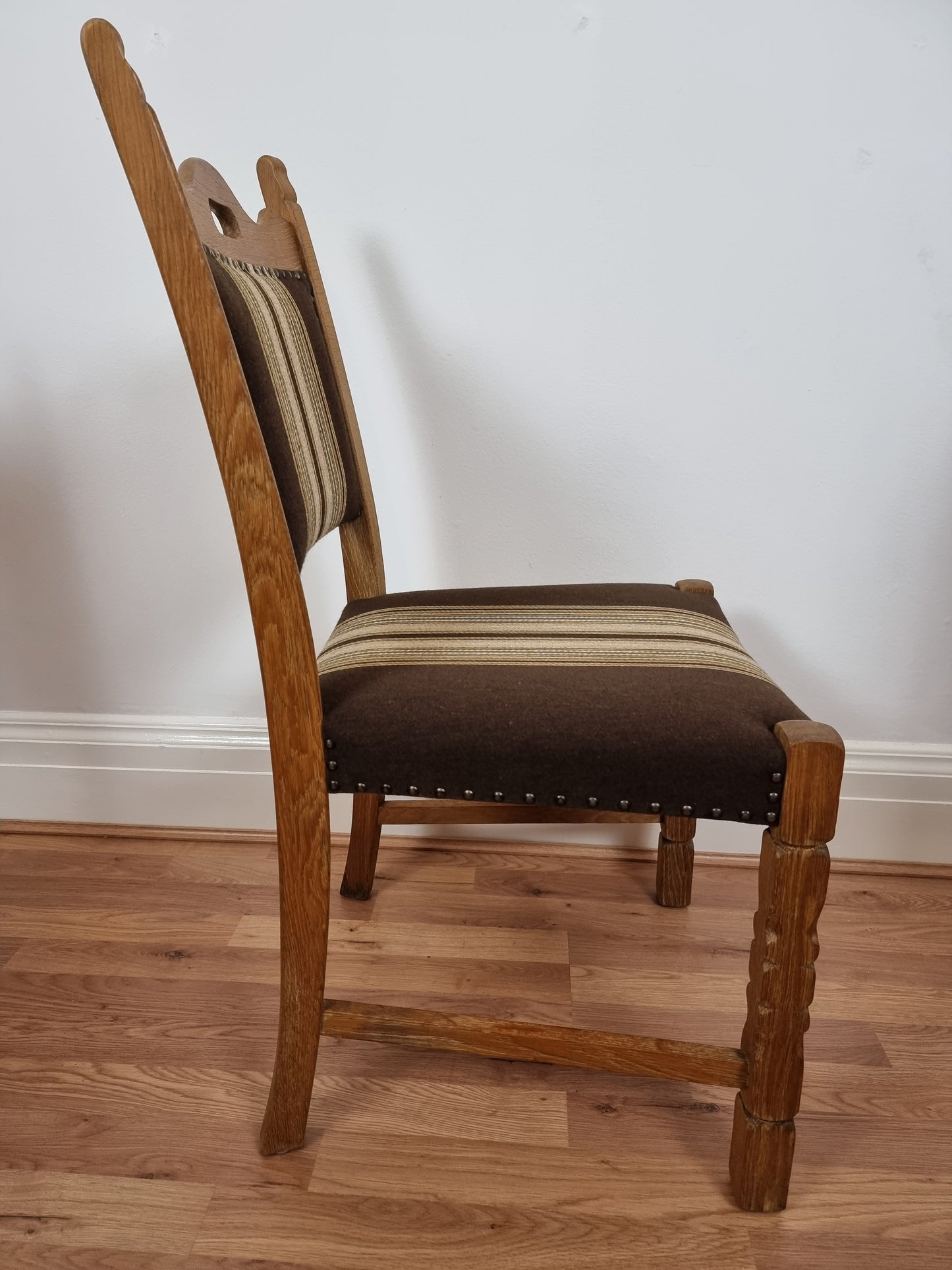 Danish Henning Kjærnulf, solid oak & wool dining chairs, original good condition