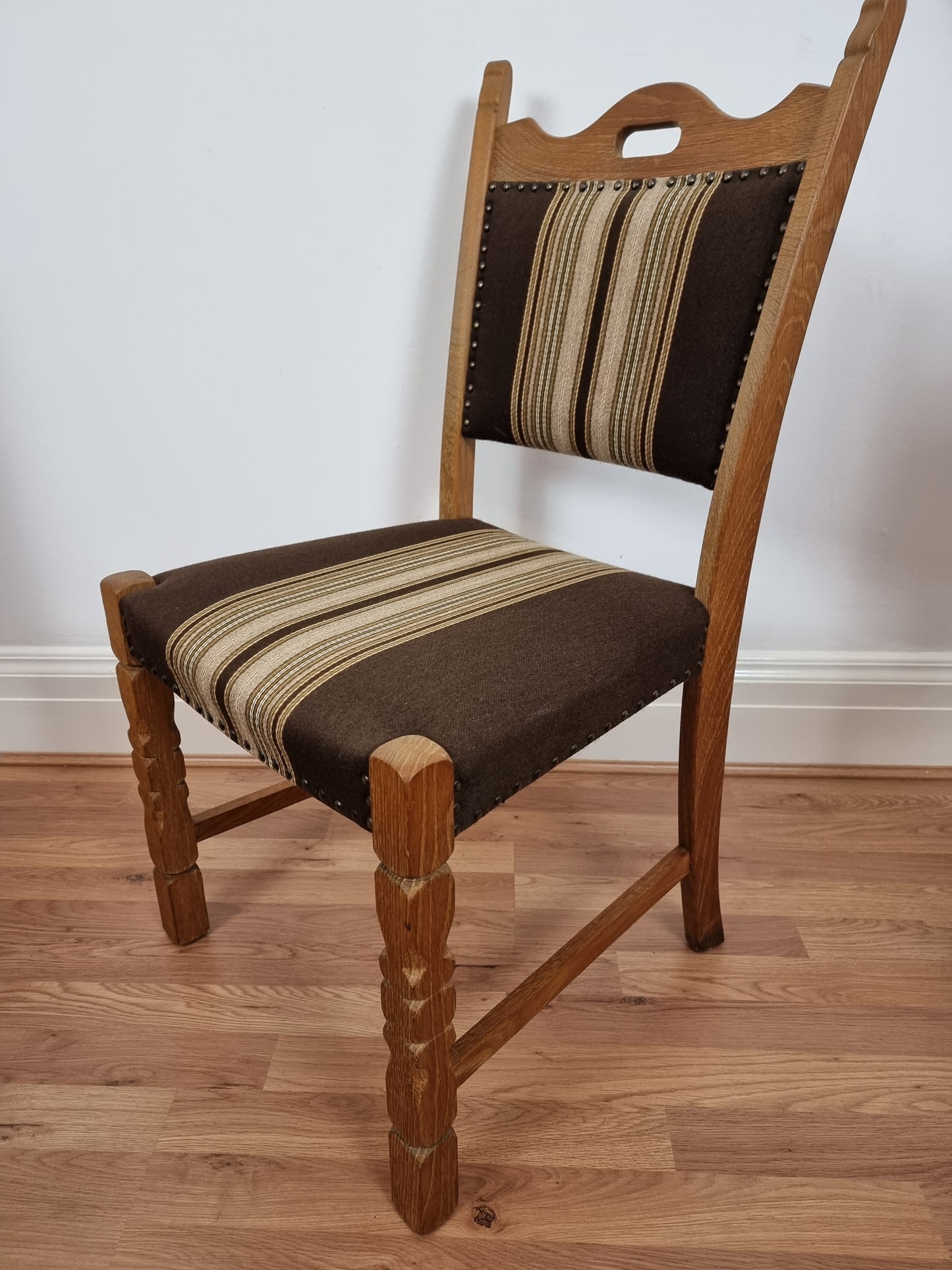 Danish Henning Kjærnulf, solid oak & wool dining chairs, original good condition