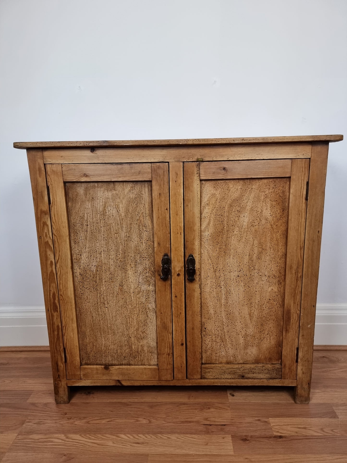 Antique Victorian pitch pine school cupboard / bookcase low linen Press