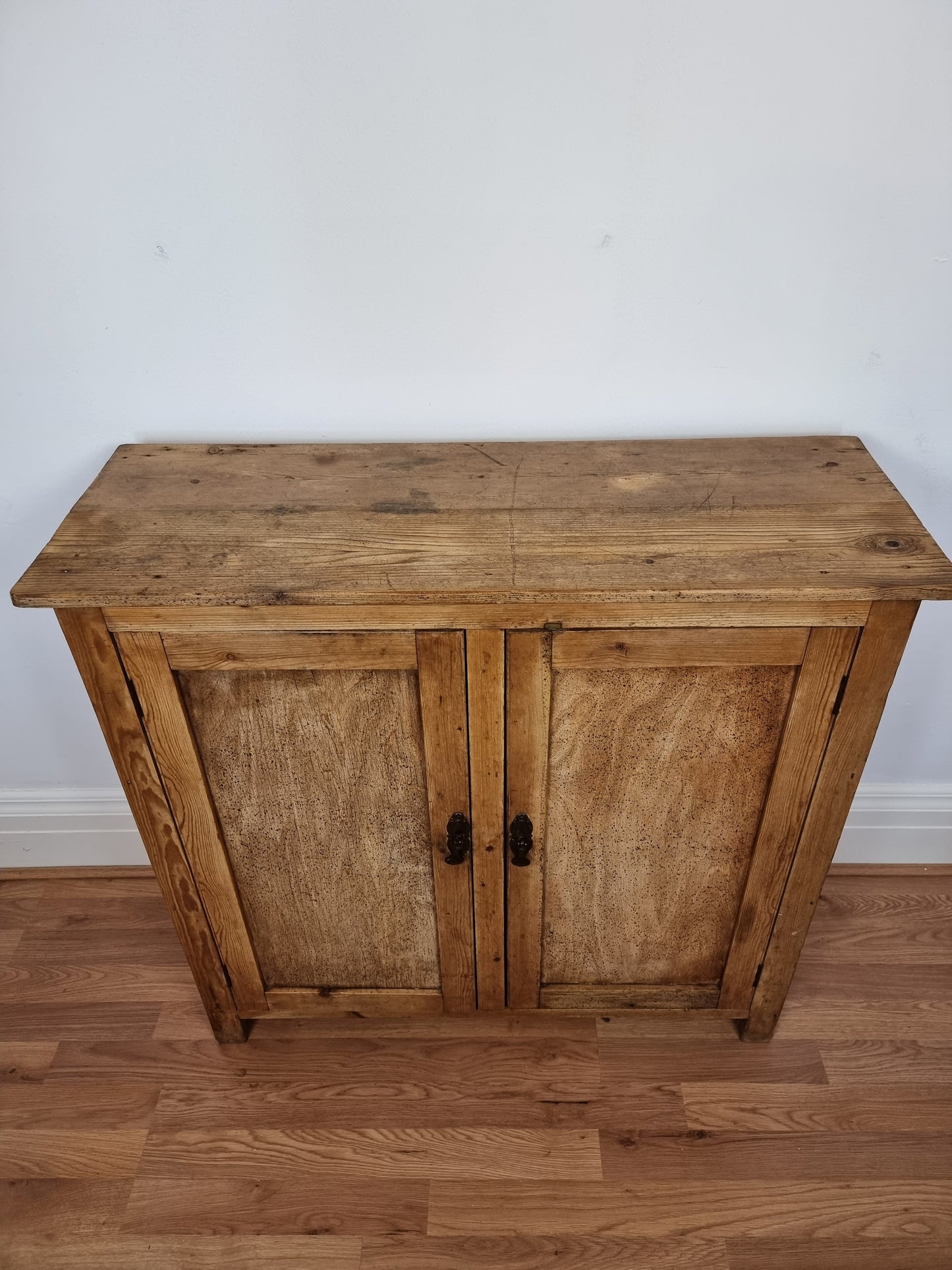 Antique Victorian pitch pine school cupboard / bookcase low linen Press