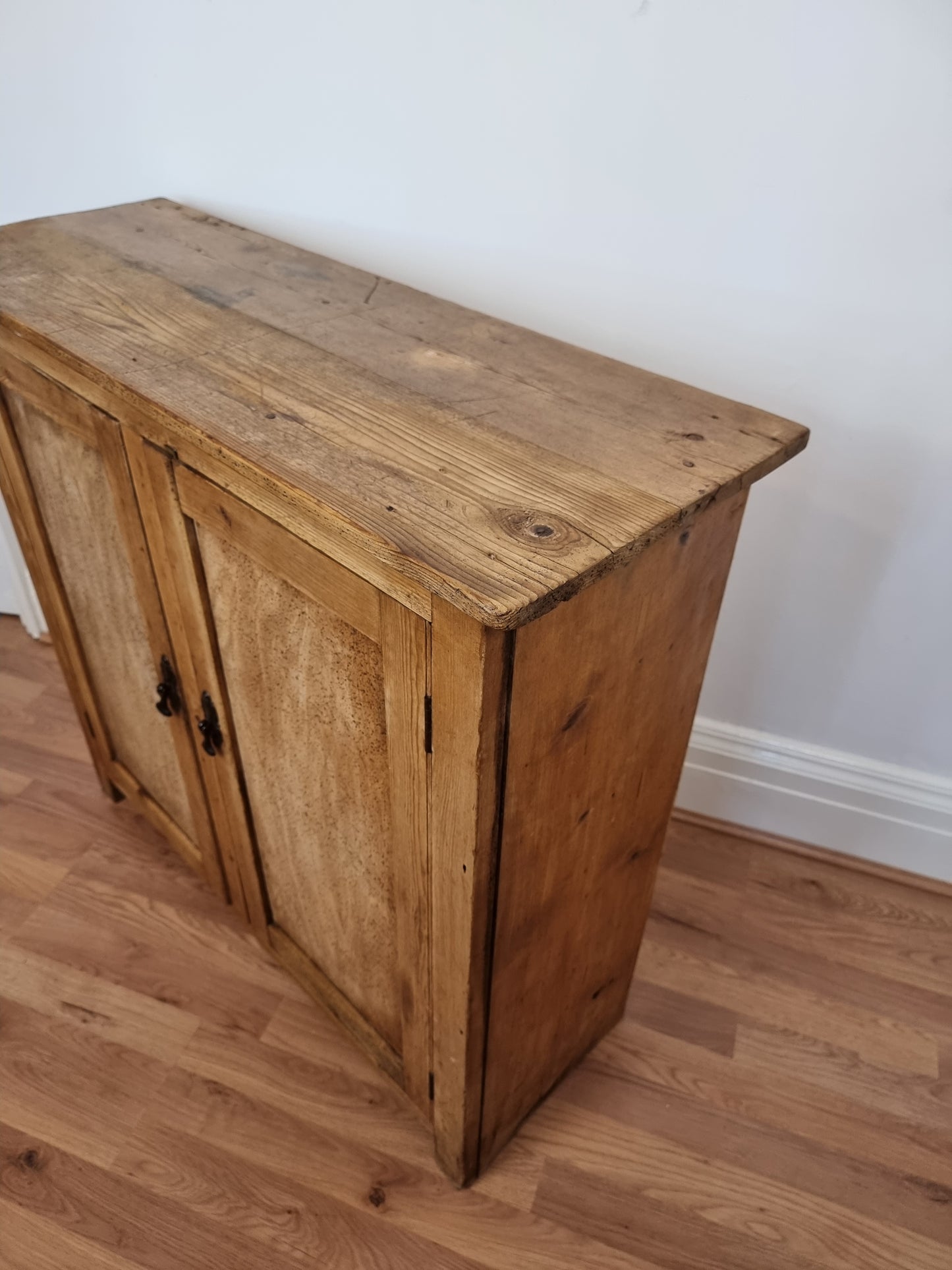 Antique Victorian pitch pine school cupboard / bookcase low linen Press