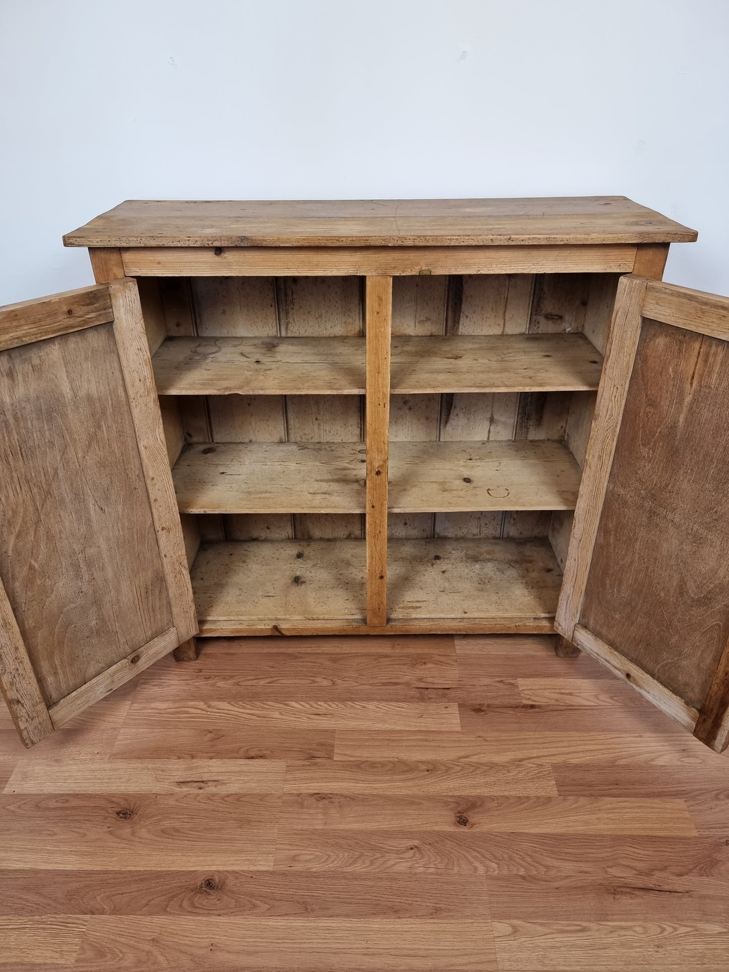 Antique Victorian pitch pine school cupboard / bookcase low linen Press