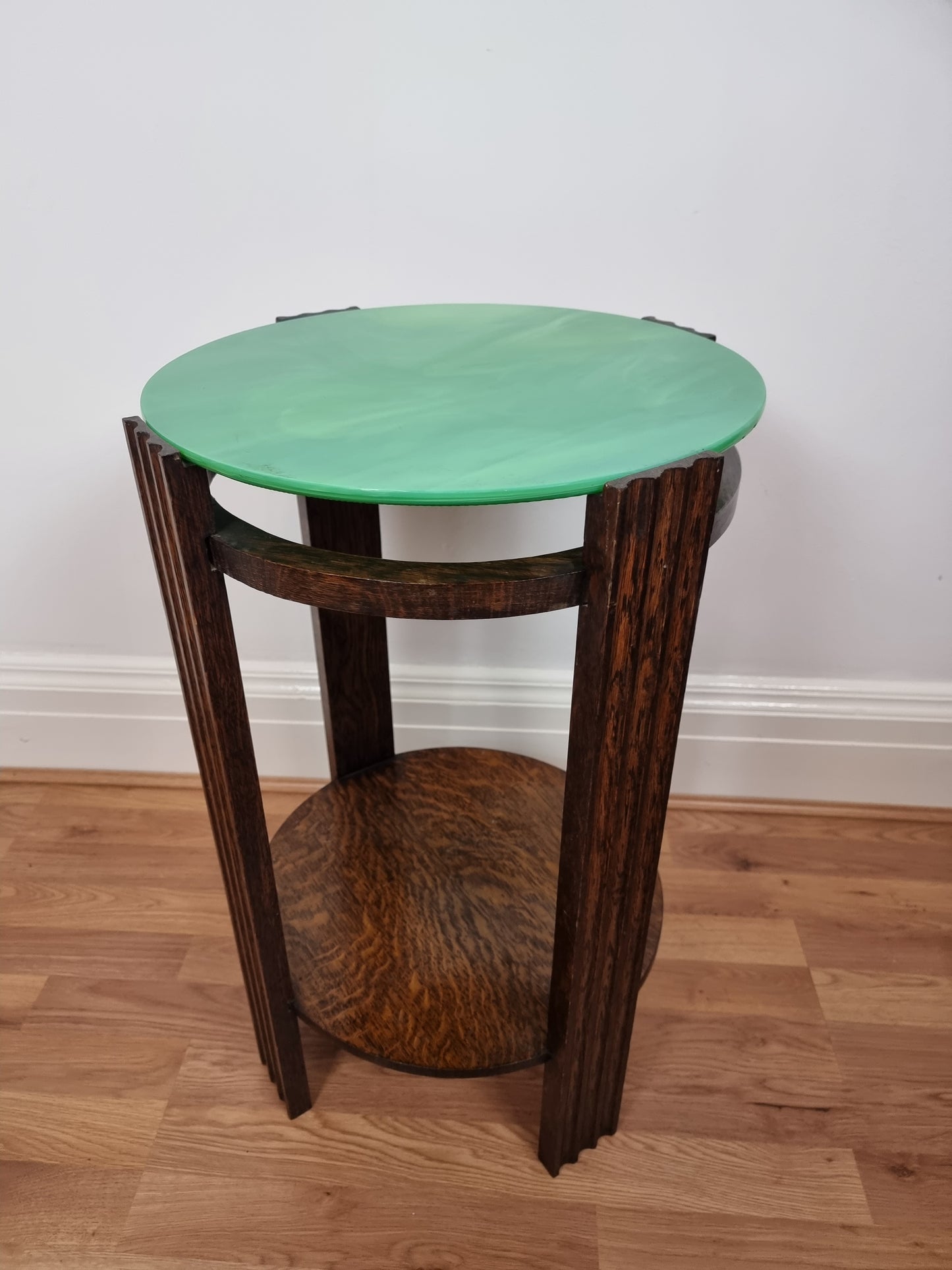 Rare Art deco marbleised glass topped oak round side/end/lamp/plant table