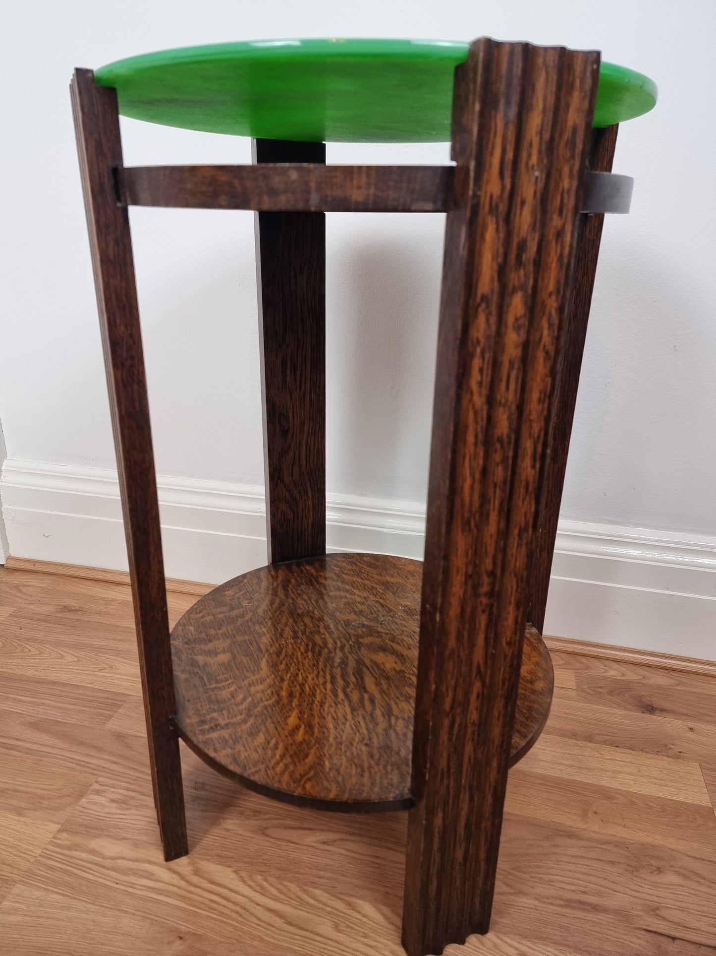 Rare Art deco marbleised glass topped oak round side/end/lamp/plant table