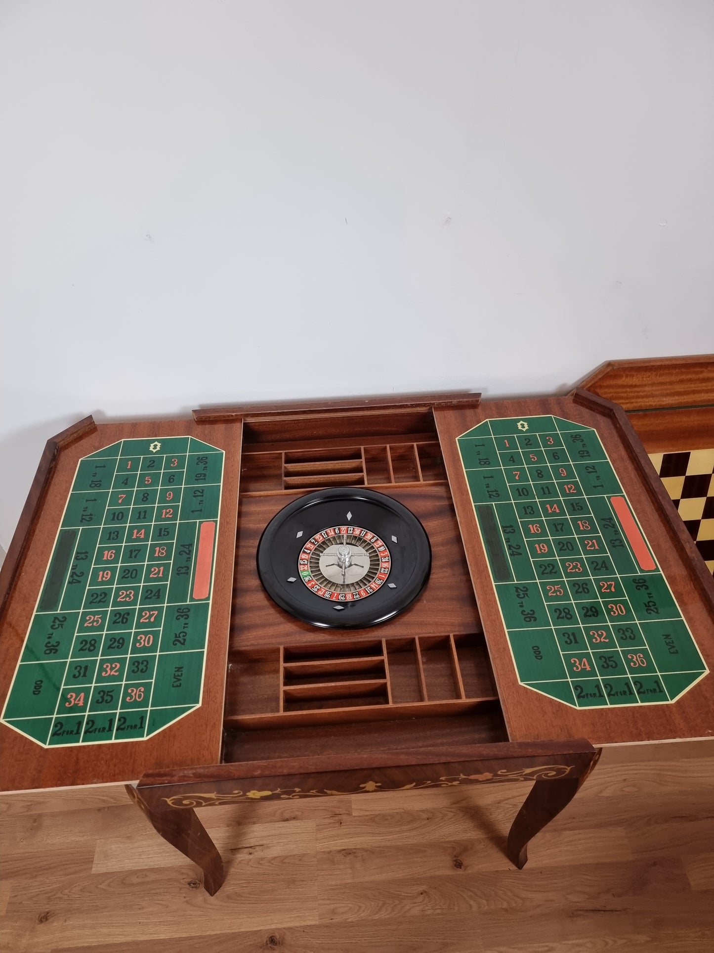 Italian Metamorphic Casino Game Table Roulette Chess & Cards Polished Wood Top