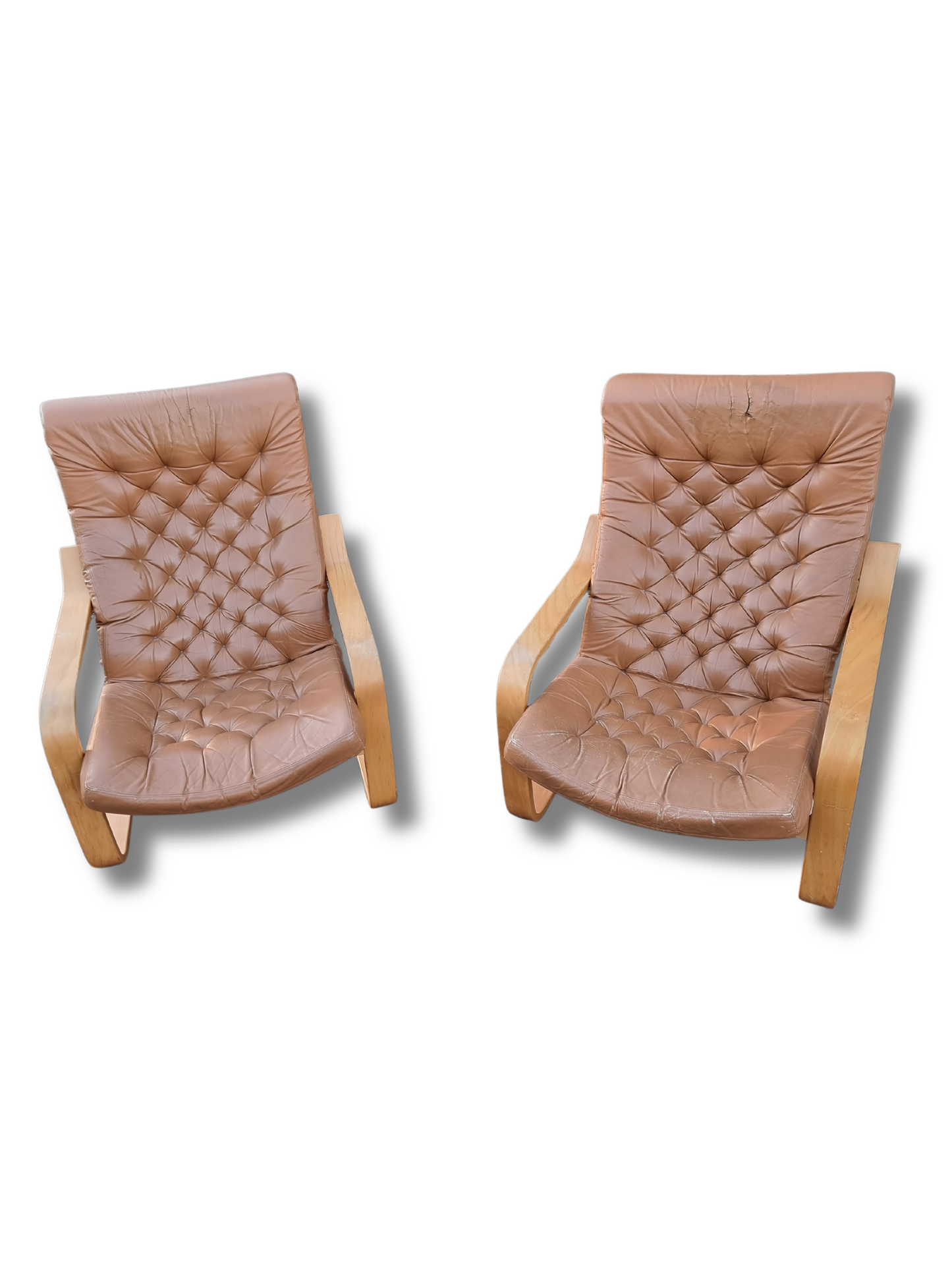 Pair Tan Leather Poem Chairs Designed By Noboru Nakamura for IKEA