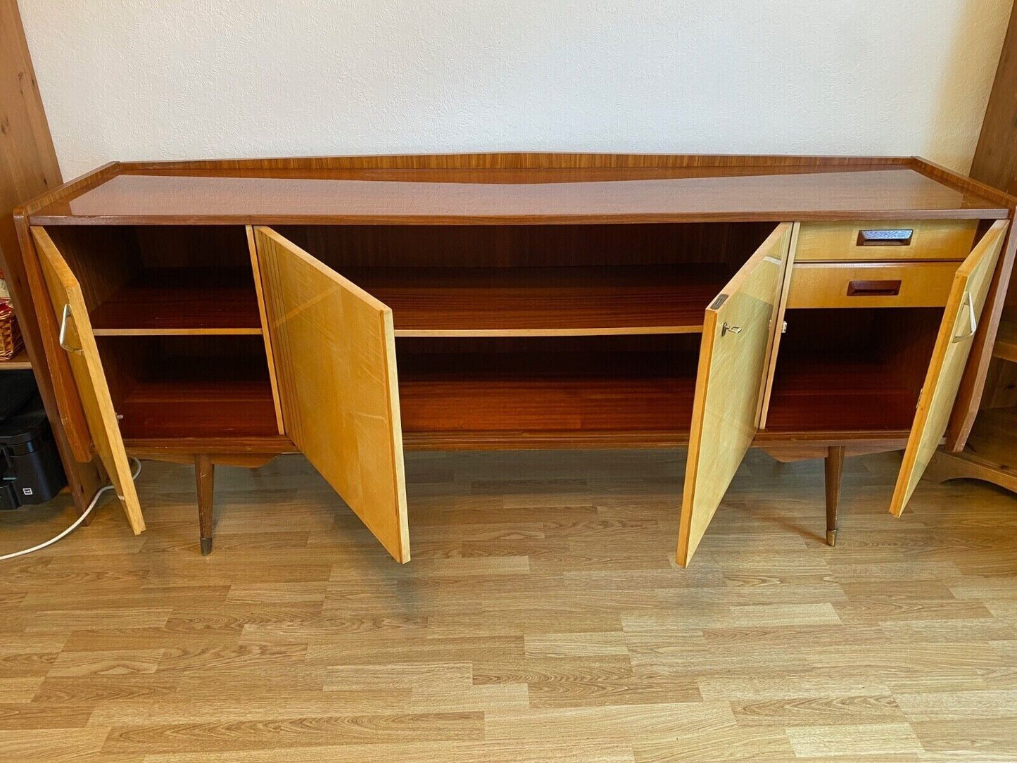 Large Rare Retro 1950s Satinwood & Mahogany Time Furnishings Sideboard/Credenza Condition: Used